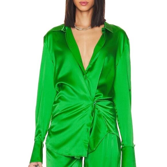 NEW Ser.O.Ya Retrofete Karry Silk Button Down Long Sleeve Shirt Kelly Green - Picture 1 of 11